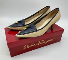 Salvatore Ferragamo court shoes cream blue tassells kitten heel US size 8.5