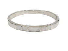 Sterling Silver Bangle With Mother of Pearl Inlay - Hinged Bracelet Hallmarked