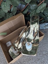 Gold Strappy Heeled Sandals EU 38 New Square Toe Clear Heel Party Evening Shoes