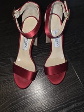 Jimmy Choo Satin Red Block High Heels Sandals Ankle Strap Size Uk 37