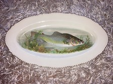 Vintage Gilt Edged Woods Ivory Ware England Oval Platter Salmon Print c1930