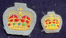 PAIR EMBROIDERED QUEENS CROWN GREY FELT TWO SIZES CLOTH PATCH BADGES - MILITARY