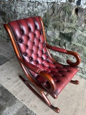  Vintage Chesterfield Oxblood Red Leather & Mahogany Framed Rocking Chair