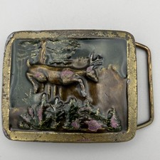 Vintage 1977 Indiana Metal Craft Deer Hunting Scene Belt Buckle Brass Enamel