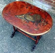 Victorian antique Japanese Meiji period figured elm gold lacquer chickens table