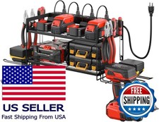 Garage Tool Storage with Charging Station, 4 Drill Holder Wall Mount Rack, Black