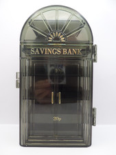 Vintage Savings Bank Coin Piggy Bank 5 Shelves Grey Plastic Gold Tone Lettering