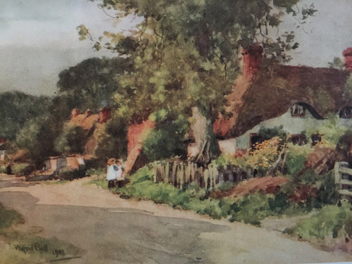 Antique print cottage - print, scene