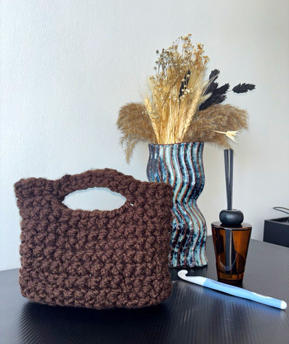 Brown crochet yarn mini tote - yarn,