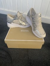Michael Kors Liv Wedge Trainers Sneakers Silver Beige Logo Worn Twice 7.5 Uk 4.5