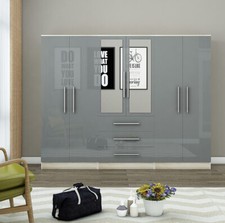 Large 6 Door Mirrored Modern Wardrobe – High Gloss Grey/Black/White – 3 Drawers