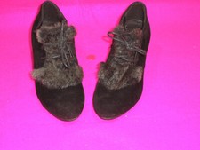 LADIES BOOTS/SHOES FAUX SWEDE/FUR BLACK LACES HEEL 'IDEAL' SIZE 37  4UK