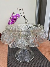 Vintage Glass Punch Bowl Set With 12 Glass Cups