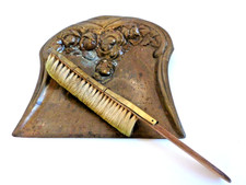 Ducaware Antique Edwardian Brass & Oak Table Crumb Tray Pan & Brush Vintage Set