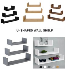 U Shaped Floating Shelve Set Of 3 Wall Mounted Display Wooden Storage Shelf Unit