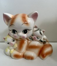 Ginger Striped Cat Vtg With Her 2 Kittens 1960s Money Bank 6.5”H x 7.5”L  Kitsch
