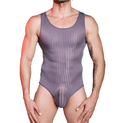 Men stripe mesh sheer bodysuit - mesh,