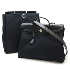 HERMES Hermès Air Bag MM Handbag Shoulder Toile Officier Leather Black