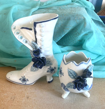 2x Blue and White decorative porcelain vases a boot + egg shaped 16cm and 9cm