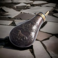 19th Century Powder Flask Dog & Game Bird Embossed Brass Hunting Shooting 6.5" L