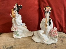 Pair Oriental Geisha Girls Playing Musical Instruments, Ceramic Figurines VGC