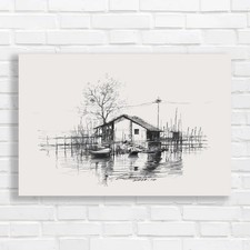 Lakeside Cabin Sketch Canvas
