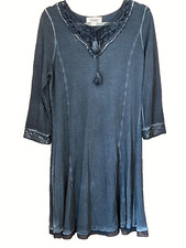 Linea Tesini Size 16 Navy Blue Oil Wash Tunic DRESS Crochet Lace Sequin Tassel 