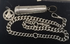 Antique Sterling Silver Double Albert Watch Chain Masonic Fob & Cheroot Case a/f