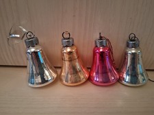4 x VINTAGE BELL SHAPE GLASS  CHRISTMAS TREE BAUBLES.  1 Red, 1 Gold, 2 Silver