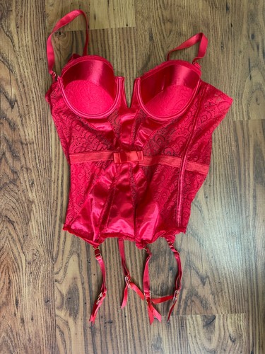 Red satin lacey basque - red, with