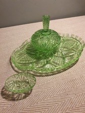 Art Deco Green pressed Glass Dressing Table Vanity Set pretty vintage