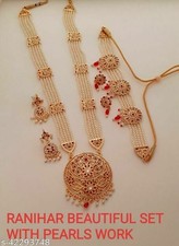 South Indian Jewelry Pakistani Rani Haar Gold Plated Stone Necklace Earrings