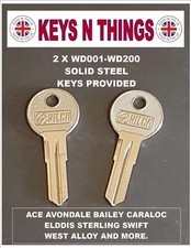 2 x Caravan Keys To Code WD001 - WD200 ACE AVONDALE BAILEY ELDDIS STERLING SWIFT