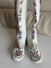 Vintage 1970s Taos White Leather Beaded Knee High Moccasin Boots