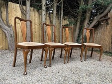 Antique Walnut Slat Back Queen Anne Drop Seat Country Style Dining Chairs x 4