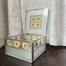 Beautiful Glass Jewellery Storage Box Pressed Flowers Dried Daisies Mirror Lined