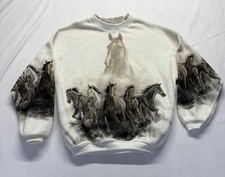 Vintage Horse Sweater Womens L White Sherpa Artisans Allover Print USA Made