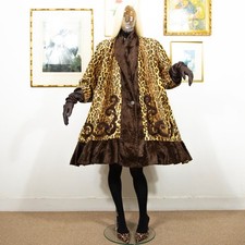 Vintage 1980s Leopard Print Swing Faux Fur Trapeze Coat Chocolate Brown Trim M