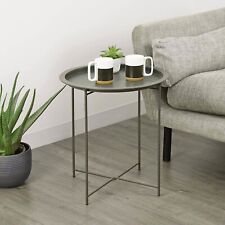 Side Table Tray Top Silver Round Metal Folding Portable Coffee Night Stand