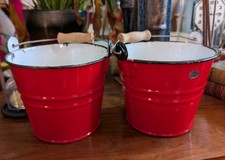 2 x Small Red Enamel Buckets -  Kitchen Storage Metal Planter Plant Pot Garden