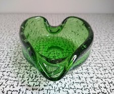 60s 70s Vintage Whitefriars Glass Controlled Bubble Green Heart Bowl Ashtray