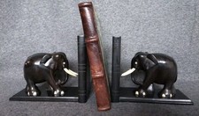 Pair Black Ebonised Elephant Bookends Antique Vintage Early 20th Century