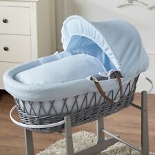 Baby Moses Basket - Blue Waffle / Grey Wicker | Bedding With Mattress