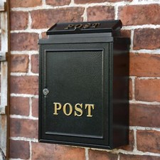 Black Wall Mounted Post Box With Gold Text