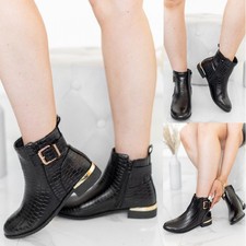 WOMENS CHELSEA ANKLE BUCKLE FASHION LADIES FLAT LOW HEEL ZIP SHOES BOOTS SIZE UK
