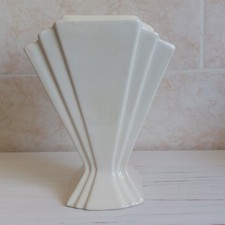 Art Deco Style Fan Vase Cream Ceramic Pottery H 22cm Signed B H CHIP WEAR