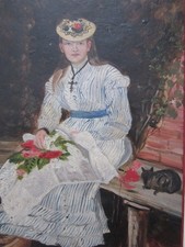 Antique Painting of a Woman & Cat c.1880