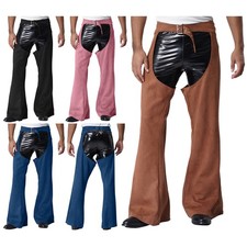 UK Men's Faux Suede Motorcycle Chaps Wide Leg Long Pants Cowboy Riding Trousers