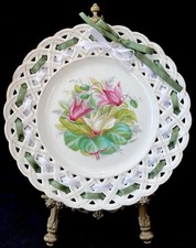 Antique Hand Painted Floral Open Work Lattice Ribbon Plate -  9”