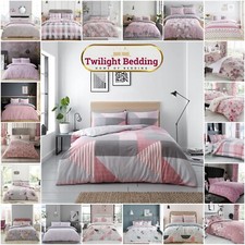 Pink Grey Reversible Duvet Cover Quilt Bedding Set with Pillowcase Double King